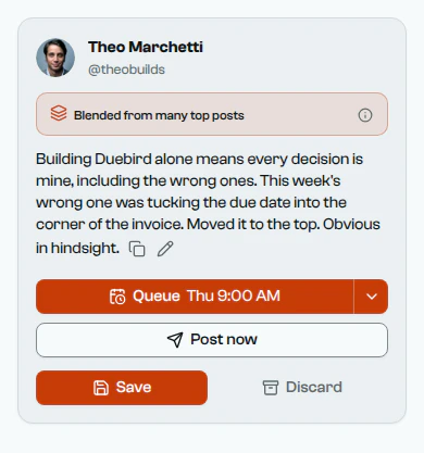 A post blended from many top posts, about moving the due date on Duebird's invoices from the corner to the top.