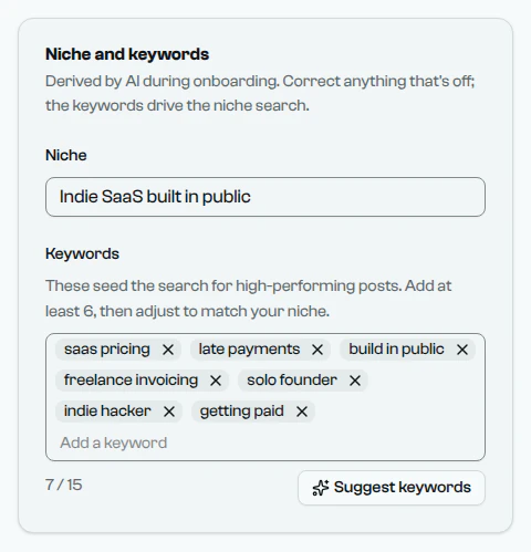 The Niche and keywords card of Writing settings: the niche "Indie SaaS built in public" and keywords such as saas pricing and late payments.